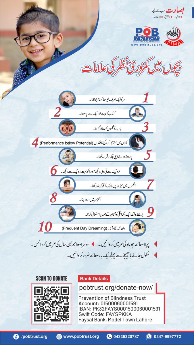 pobtrust_org's tweet photo. پاکستان میں ہر پانچواں بچہ نظر کی کمزوری کا شکار ہے۔ اس مسئلے کی وجہ سے نہ صرف بچوں کی صحت متاثر ہوتی ہے بلکہ ان کی تعلیم بھی شدید متاثر ہوتی ہے۔
پی او بی ٹرسٹ اب تک 210 سے زائد اسکولوں میں 73,000 سے زیادہ بچوں کی آنکھوں کا معائنہ کر چکا ہے اور بچوں کو مفت چشمے فراہم کر چکا ہے۔ https://t.co/LjrFeBCWqx