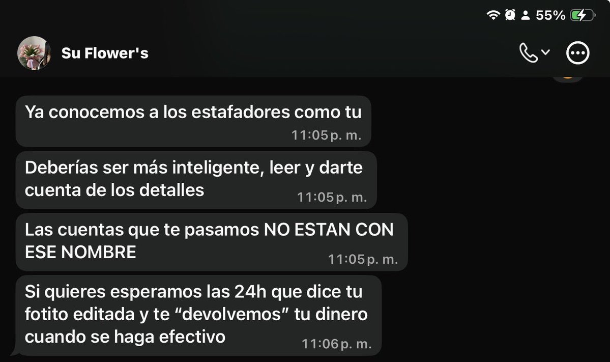 QUERÍA COMPRAR FLORES…

Me pasaron un contacto de “Su Flower’s”. Hice un pedido…

Me pidieron que les haga la transferencia a una cuenta de una supuesta “Madelaine Alejandra”. Hice la transferencia.
Compartí la confirmación de la transferencia a “Su Flowers”directamente desde