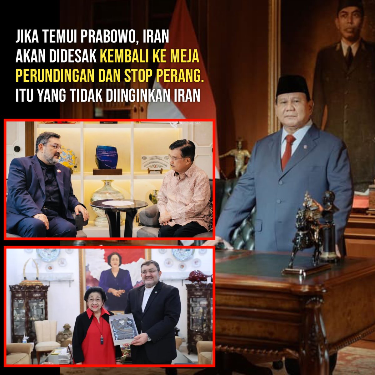 KerjaHasil_id's tweet image. Itulah alasan kenapa #dubes Iran lebih memilih temui jk dan mega. Presiden RI, Prabowo Subianto, akan desak Iran untuk kembali ke meja perundingan. #prabowogibran Itu yang berusaha dicegah Iran.

Iran butuh dukungan, jk dan mega butuh #pencitraan. Ya udah nyambung tuh bertiga.