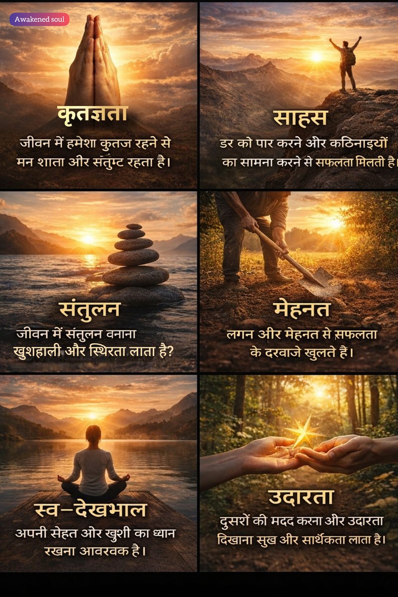 Rajyakarmi's tweet photo. जीवन बदलने के लिए कभी-कभी बड़े फैसलों की नहीं, बस सही सोच की जरूरत होती है।
🙏 कृतज्ञता
💪 साहस
⚖️ संतुलन
🔥 मेहनत
🧘 स्व-देखभाल
🤝 उदारता
ये 6 आदतें अगर जीवन में आ जाएं,
तो सफलता और शांति दोनों मिल जाती हैं! 
#lifehacks #CareerGrowth #successmindset #mindset #powerofpositivity #quotesaboutlife