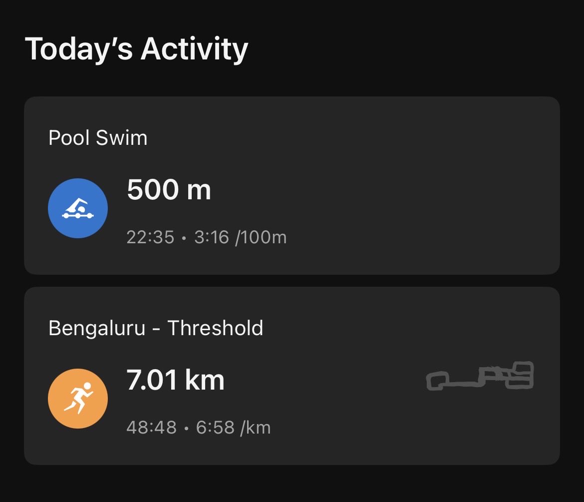NagavidyaR's tweet photo. Threshold run 🏃‍♀️  
I’ve never been able to do them well. Garmin gives an execution score of 20% 🙇🏻‍♀️

Managed a recovery swim after a really long time 🏊‍♀️. Feels so good to be back in the water again.  
#Run #Swim #Runner #RecoverySwim #StayActive #StayFit https://t.co/kQ4ERJO08A
