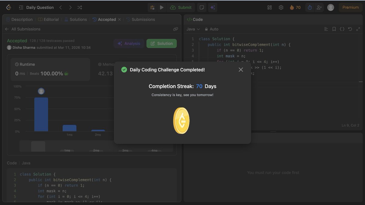 dsharma_14's tweet photo. 70 days of consistency on LeetCode. 💻🔥

Some days the solution clicks instantly.
Some days you stare at the problem for 30 minutes.

But showing up every day compounds. The patterns start to repeat.

70 days down. Still going.

#leetcode #coding #100DaysOfCode https://t.co/IUz22EU2lc