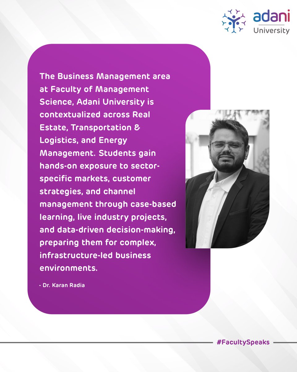 Hear from our faculty on how the MBA in Infrastructure Management builds sector‑specific business insights through real‑world projects, case‑based learning, and data‑driven decision‑making.

Admissions open, apply today!

#AdaniUniversity #MBA #InfrastructureManagement