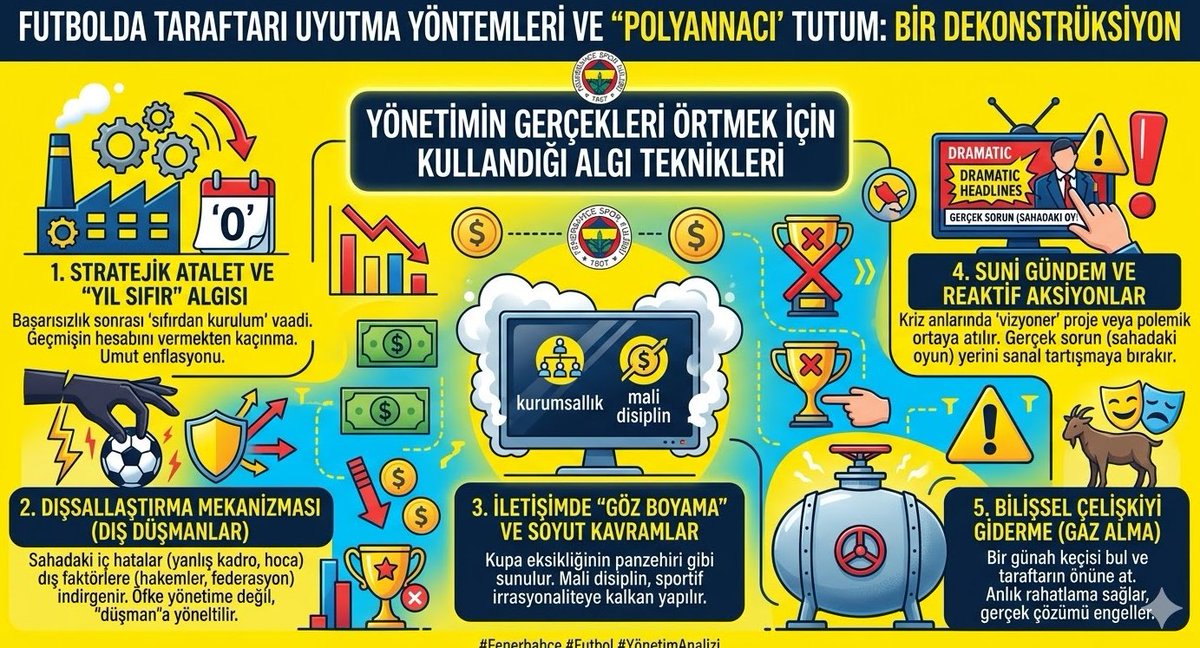 Fenerbahçe’de "Stratejik Atalet" ve "Pollyannacı Yönetim" Paradoksu 📉⚽️🟡🔵
Fenerbahçe’de son yıllarda izlediğimiz tablonun adı yönetim biliminde "Stratejik Atalet" (Strategic Inertia) ve kitle psikolojisinde "Bilişsel Çelişkiyi Giderme" operasyonudur. Gerçek sorunlara