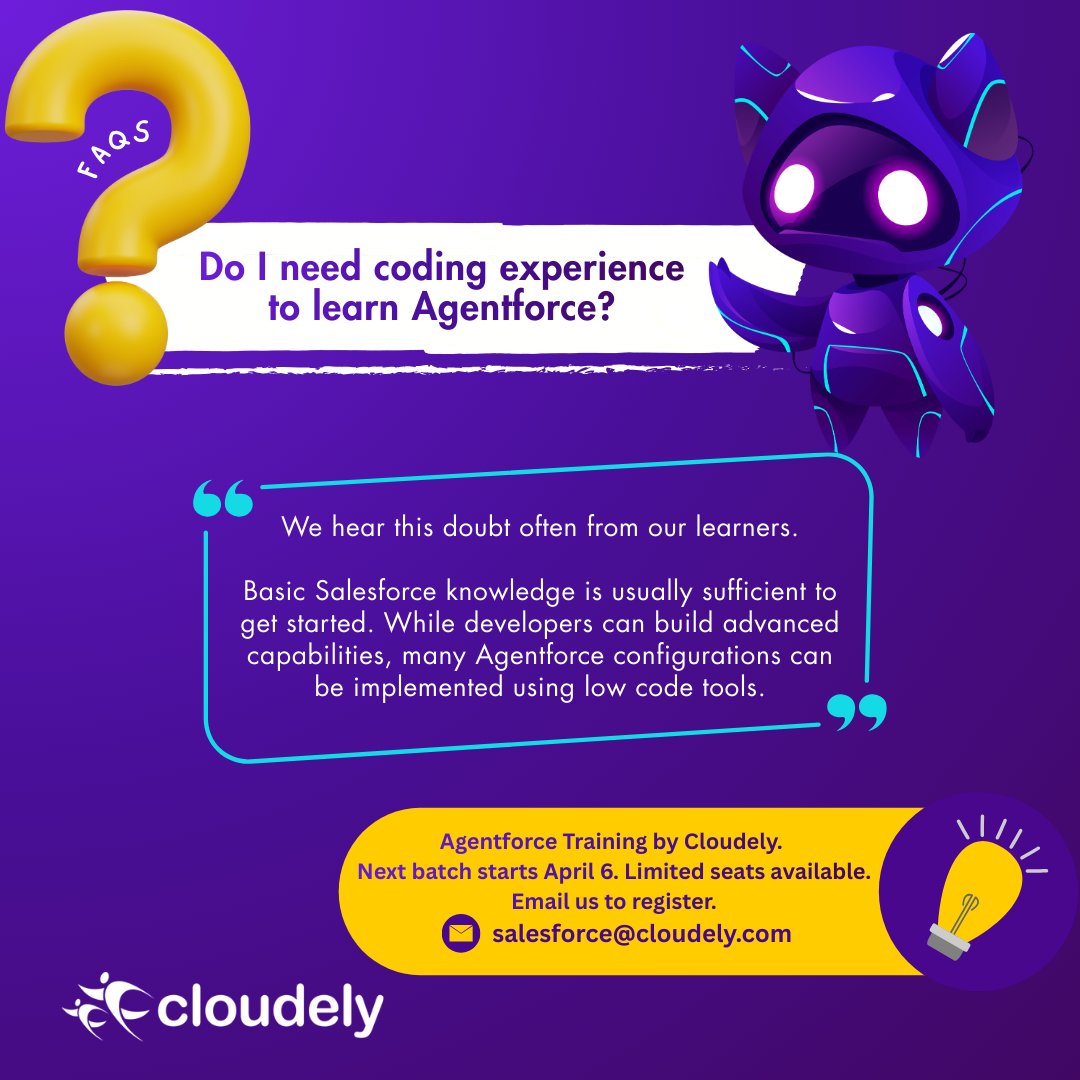 cloudelyinc's tweet image. We are starting the next #Agentforce training batch on April 6. The program is designed to help you understand the platform and apply it in real business scenarios.
Seats are limited. Email to secure your spot.  📩 salesforce@cloudely.com
#Salesforce #AI #Jobs #Careers #Cloudely