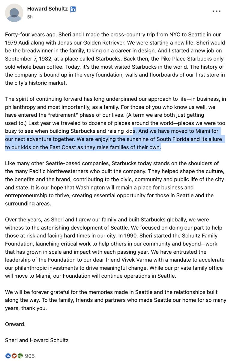 AutismCapital's tweet image. 🚨BREAKING: As if by some MAGIC DIVINE COINCIDENCE, Starbucks Founder Howard Schultz just HAPPENS to move out of Washington State right as they announce they're passing a 9.9% income tax on millionaires earning more than $1M/year.

And guess where he's moving: MIAMI BABY! 😂😂😂