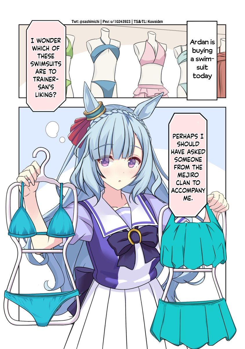 Kuwaiden's tweet photo. Ardan and the Blockheaded Trainer "Choosing Swimsuits" Repost By @sashimichi 

McQueen has delayed the marriage future by a year.

#ウマ娘 #Umamusume 
#ウマ娘英訳 #UmaTranslations https://t.co/LuOoPG59km
