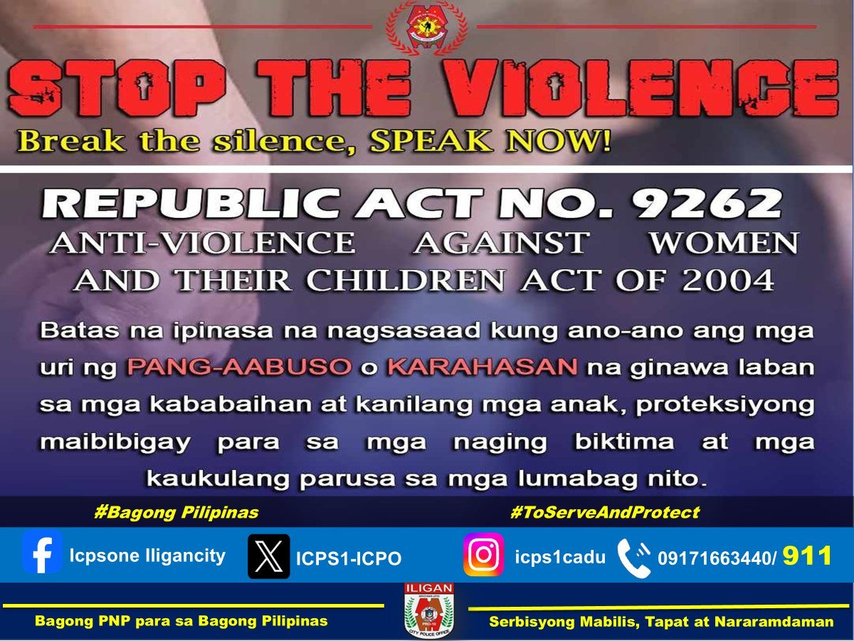 PS1_ICPO's tweet photo. RA 9262 Anti-Violence Against Women and Their Children Act of 2004
#WEcanbeEquALL https://t.co/LjyzzvgUdm