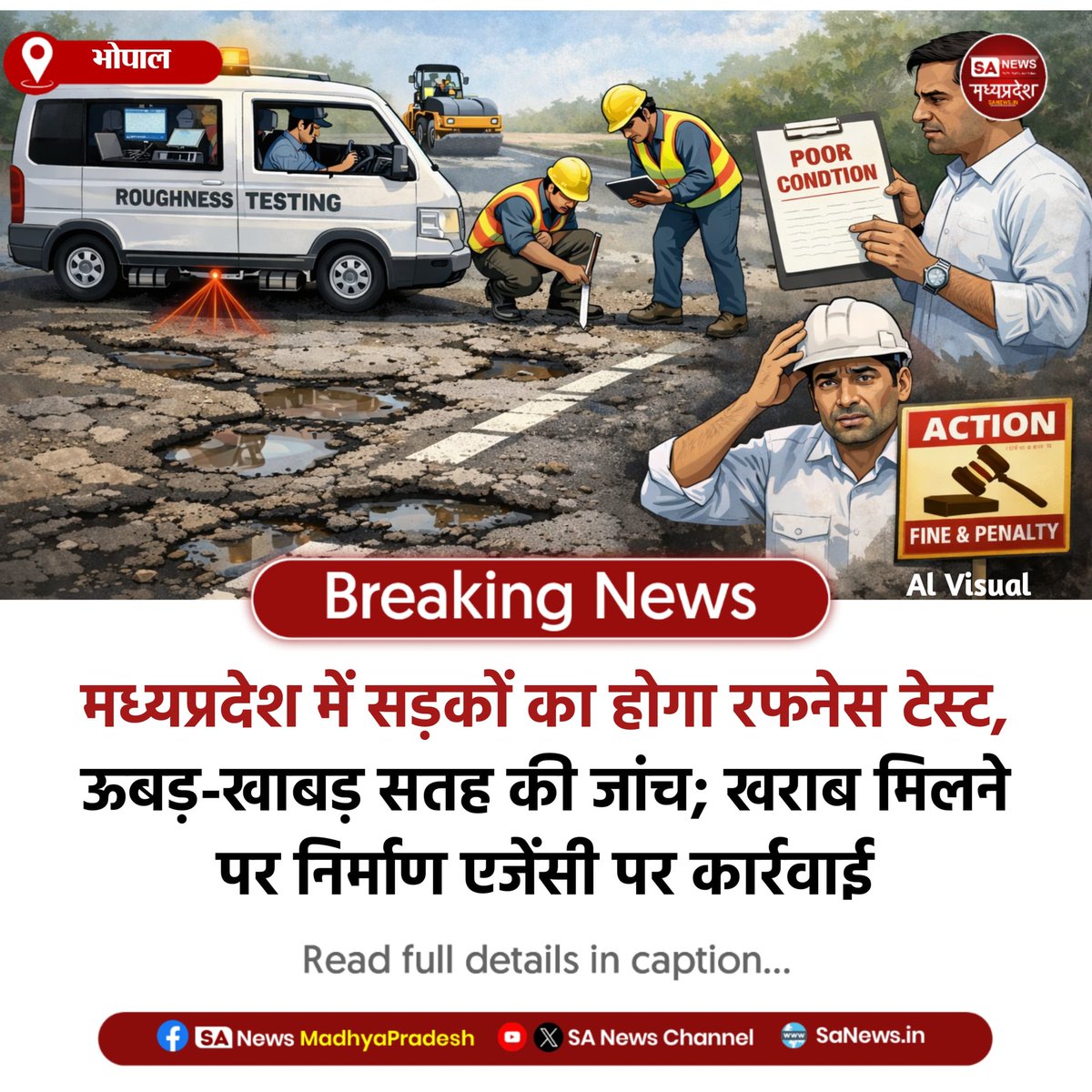 SAnewsMP's tweet image. भोपाल | मध्यप्रदेश में पहली बार सड़कों का रफनेस टेस्ट होगा। तीन साल बाद सड़क की सतह की जांच, ऊबड़-खाबड़ मिलने पर निर्माण एजेंसी पर कार्रवाई तय। 
#MPNews
#PWD
#RoadSafety
#MPGovernment
#SanewsMadhyaPradesh
