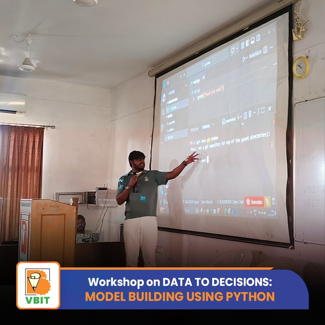 VBITHYD's tweet photo. One Day Workshop | Data to Decisions: Model Building Using #Python
The Department of #ComputerScience and Engineering (#DataScience), VBIT, successfully organized a One Day Workshop on “Data to Decisions: Model Building Using Python” on 7th March 2026.
#VBIT #CSEDataScience https://t.co/F1sZ9DmSut