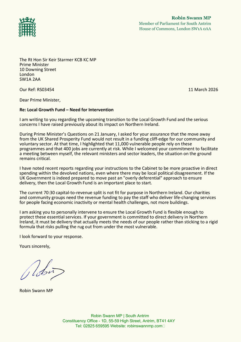 RobinSwann_MP's tweet photo. 𝐋𝐨𝐜𝐚𝐥 𝐆𝐫𝐨𝐰𝐭𝐡 𝐅𝐮𝐧𝐝 - 𝐏𝐌 𝐈𝐧𝐭𝐞𝐫𝐯𝐞𝐧𝐭𝐢𝐨𝐧
I’ve written to the Prime Minister following his comments on direct spending in NI. The current 70:30 capital-to-revenue split doesn't work for NI. Our charities need staff and resources, not just new buildings. https://t.co/7SFCZwljqz