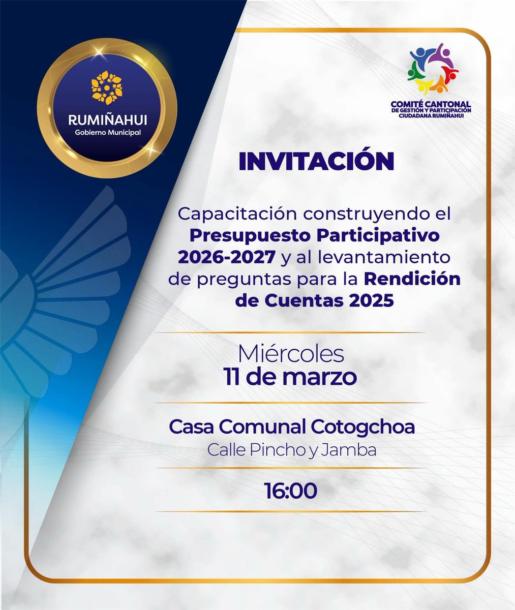 📢 Te invitamos a una jornada donde tu voz cuenta.

📚 Capacítate en la construcción del Presupuesto Participativo 2026-2027.
❓ Realiza tus preguntas para la Rendición de Cuentas 2025.

🤝 Tu participación es fundamental para fortalecer los procesos de decisión y transparencia.