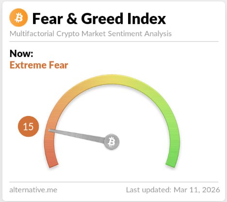 🚨 TODAY: The crypto market has now spent 40 consecutive days in Extreme Fear, currently at 15.
