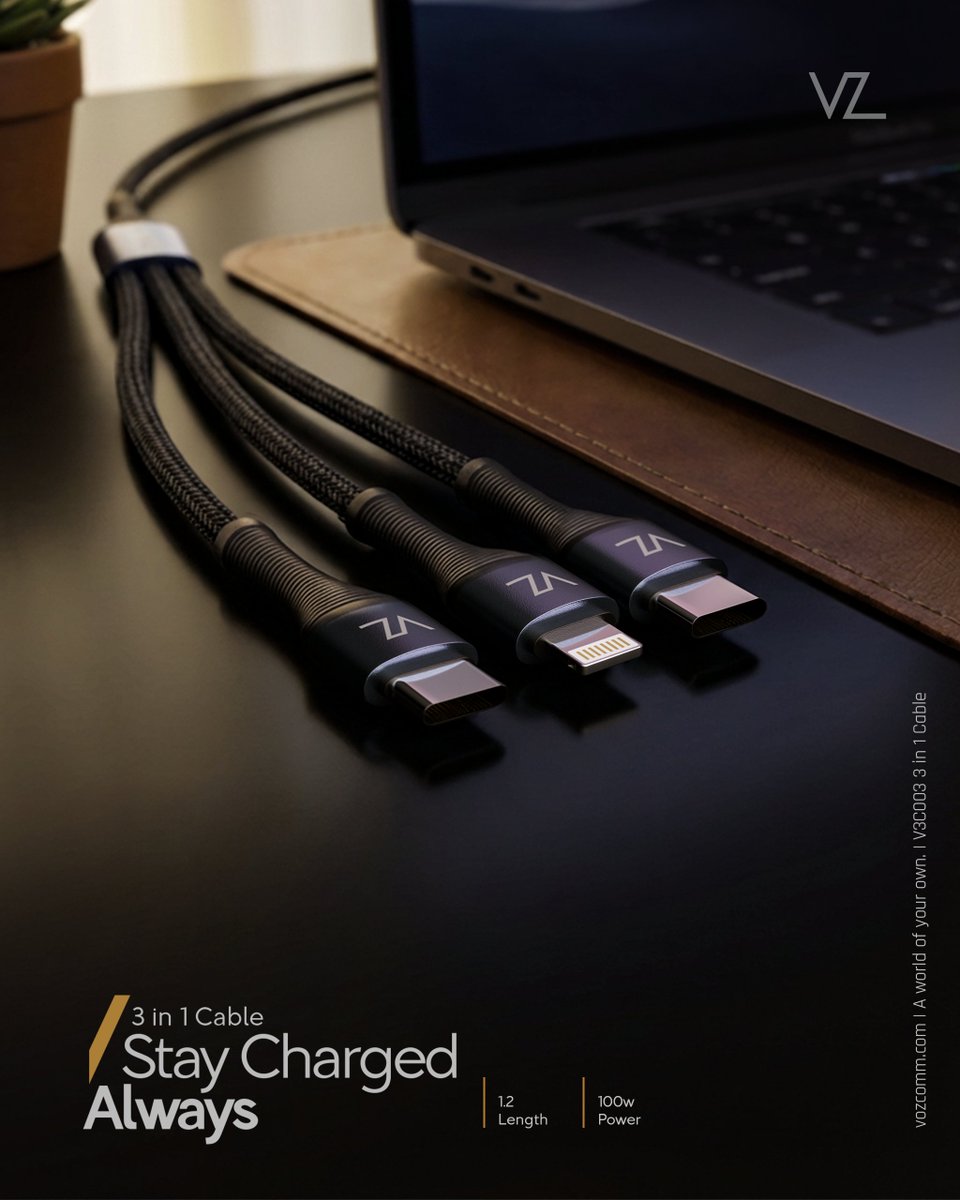 voz_commm's tweet image. Three connectors. Zero clutter. Voz VZC003 3-in-1 with 100W power for Type-C, Lightning &amp;amp; Micro-USB devices. One cable does it all.

#Voz #3in1Cable #ChargingCable #Gadgets #FastCharging