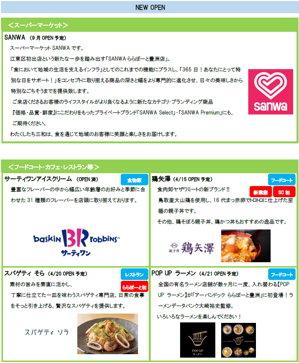 minamisuna1's tweet photo. アーバンドック ららぽーと豊洲 開業20周年 大規模リニューアルでオープンする飲食店は以下の通り。

【1/30（金）】サーティーワンアイスクリーム ららぽーと豊洲3店 ※既にOPEN
【4/15（水）】親子丼専門店「鶏矢澤」
【4/20（月）】パスタ店「スパゲティ そら」
【4/21（火）】数ヶ月毎に有名店が入れ替わる「POP UP ラーメン」、お菓子・パン作りの材料と道具の専門店「富澤商店」
【4/28（火）】ハワイアンカフェ「Egg'n Things」、ミシュラン6年連続受賞「エスサワダ」の澤田州平氏が手掛けるカジュアル人気店「さわだ飯店」
【5/20（水）】GODIVAのベーカリー「GODIVA Bakery ゴディパン」
【6月下旬】北海道・新千歳空港の人気寿司屋「札幌魚河岸57番 いきいき寿司」
【今夏】150kgの石のかまどで米を炊く和食店「大かまど飯 寅福」
【9月】スーパーマーケット「SANWA」