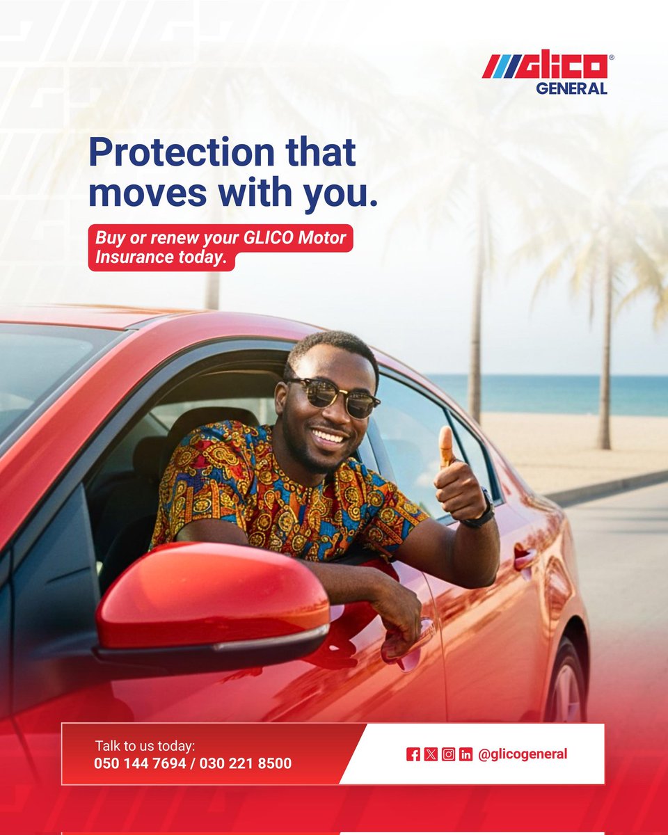 Glicogeneral's tweet image. Wherever the road takes you, drive with confidence. 
GLICO Motor Insurance keeps you protected every step of the way.

Learn more: +233 50 144 7694 or visit glicogeneral.com or visit any of our branches nationwide today.

#DriveProtected #MotorInsurance #GLICOGeneral