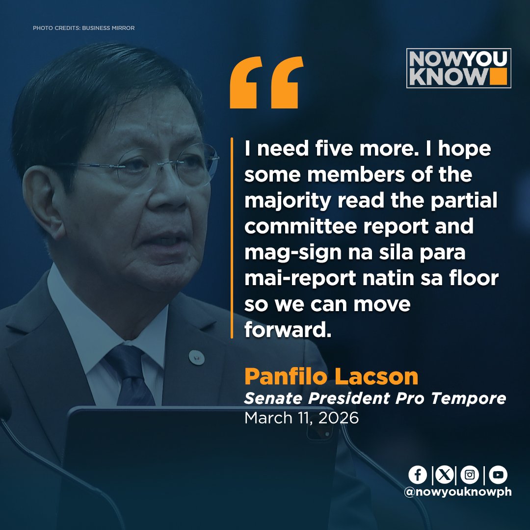 nowyouknowph's tweet image. "I need five more. I hope some members of the majority read the partial committee report and mag-sign na sila para mai-report natin sa floor so we can move forward." - Senate President Pro Tempore Panfilo Lacson

#NowYouKnow
#NYK