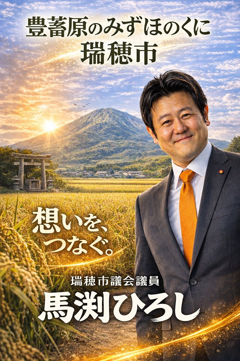 政治に関心のある方
これから関心が持ちたい方
フォロー、いいね！おねがいします！

岐阜県瑞穂市議会議員
馬渕ひろしと申します。

平成３１年市議会議員補欠選挙に当選
現在、３期７年目の議員です。
イメージカラーは、オレンジ
党派は無所属

無所属当選➡自民党入党➡自民党離党➡無所属