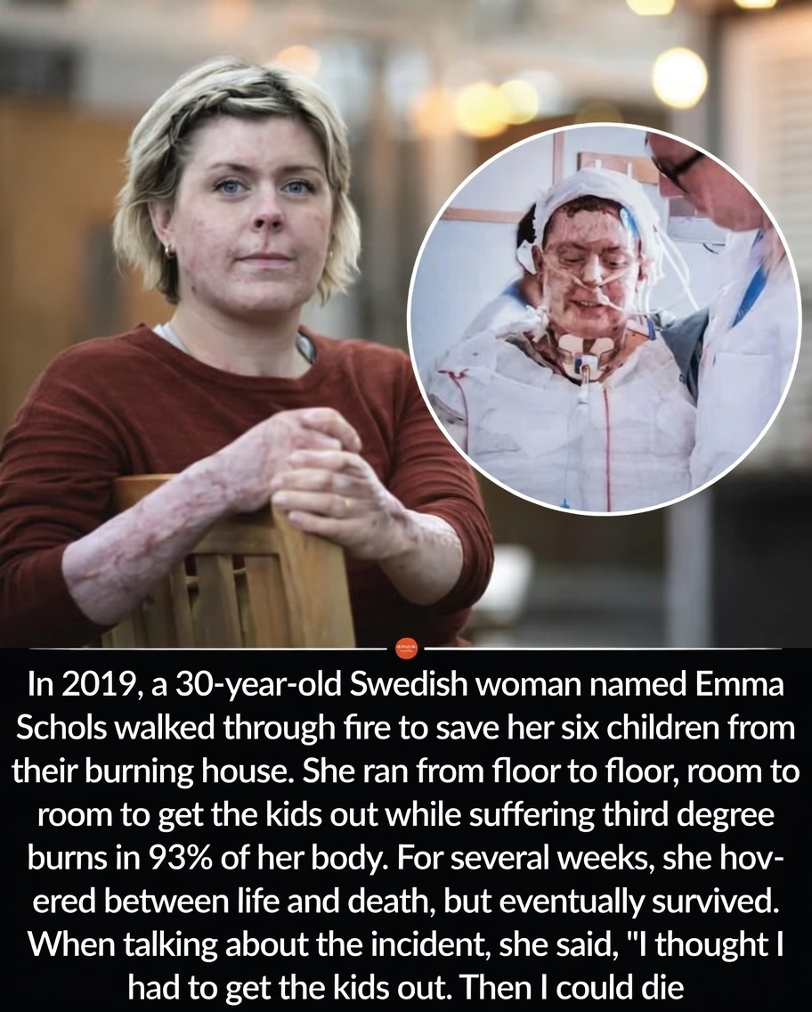 Swedish mother ran back into a burning house again and again to save all six of her children.