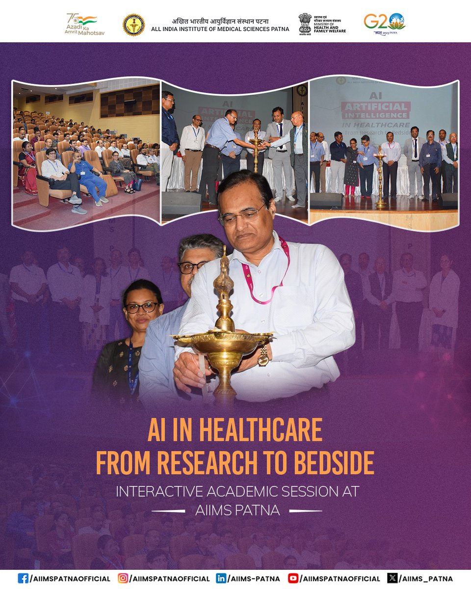 aiims_patna's tweet image. The All India Institute of Medical Sciences Patna organized an interactive academic session titled “#Artificial #Intelligence in Healthcare - From Research to Bedside” to highlight the growing role of Artificial Intelligence (#AI) in improving healthcare delivery, research, and