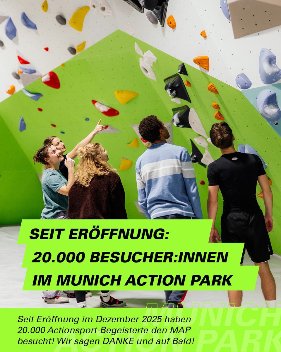 OLYMPIAPARK's tweet image. 💪🏼 20.000 Besucher:innen im Munich Action Park 💪🏼

Wir sagen 20.000 MAL DANKE an alle #NinjaWarrior‘s, #Boulder-Fans, #Parkour-Athlet:innen, #Calisthenics-Profis und Kids! 🙌🏻🤩 Der #MunichActionPark verzeichnet schon jetzt 20.000 Besucher:innen seit der Eröffnung im Dezember 2025