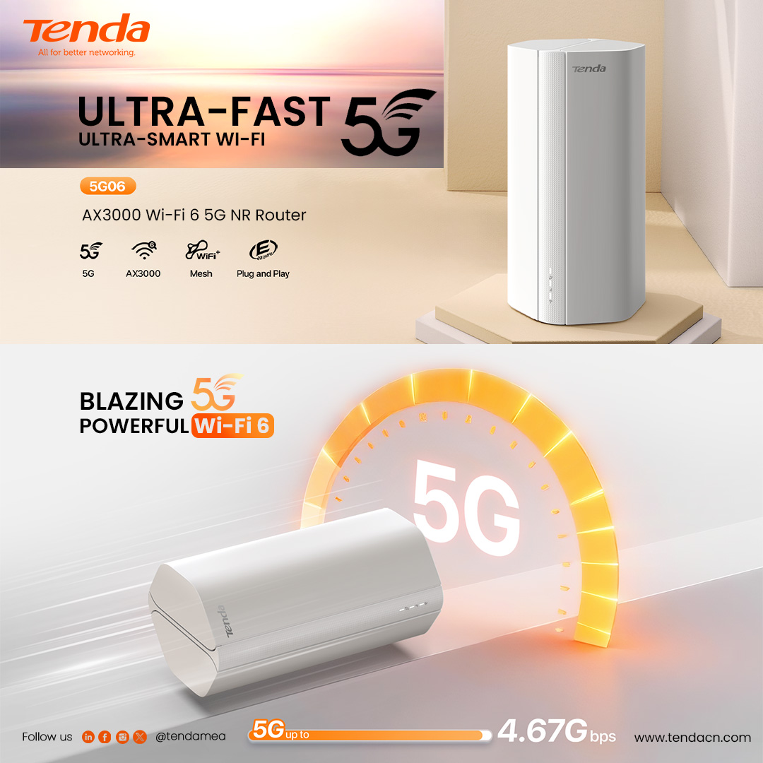 Experience the power of ultra-fast 5G and next-generation Wi-Fi 6 for seamless connectivity at home or work.

Perfect for HD streaming, online gaming, video calls, remote work, and smart homes.

Know more: tendacn.com/product/5G06

#Tenda #5GRouter #WiFi6 #AX3000 #5G06 #SmartHome