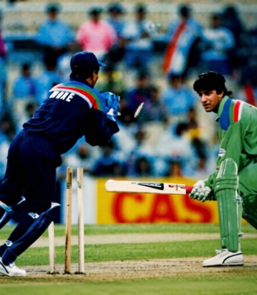 1992 WORLD CUP - Wasim Akram is stumped by Kiran More off Raju as Pakistan’s hopes fade, and India seal a 43-run victory over their arch-rivals in the first-ever World Cup meeting between the two teams at the Sydney Cricket Ground. #CricketTwitter