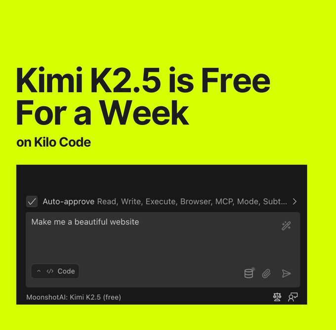 KimiAI_bnb's tweet photo. Kimi K2.5 is free for a week on Kilo Code. 

This model beats Opus 4.5 on several coding benchmarks. https://t.co/6XFD9XgqbS