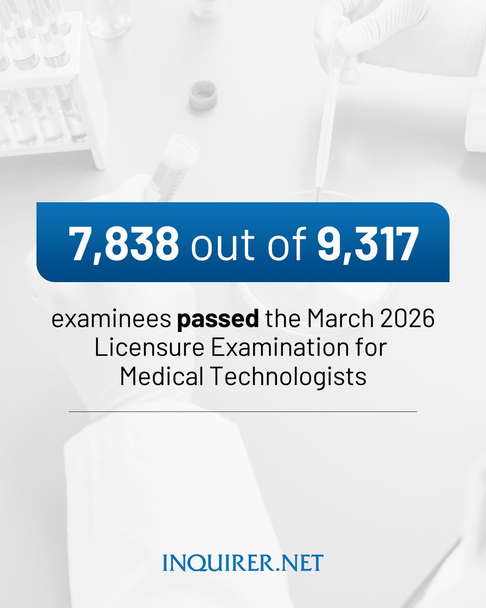 CONGRATULATIONS, NEW MEDICAL TECHNOLOGISTS! 🔬

A total of 7,838 out of 9,317 examinees (84.13%) passed the March 2026 Medical Technologists Licensure Examination (MTLE), the Professional Regulation Commission (PRC) announced.