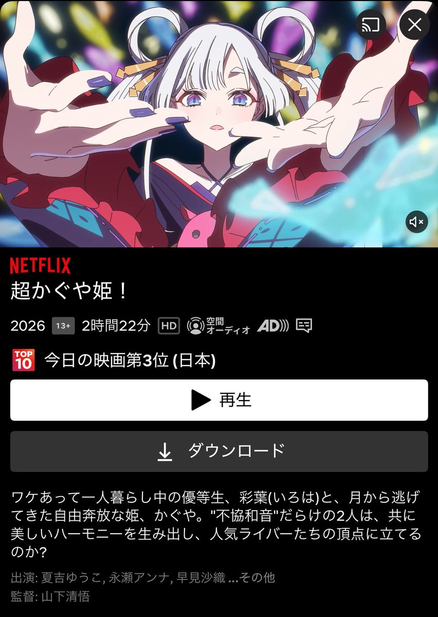 『超かぐや姫！』

作画はずっと綺麗で映像の作り込みが凄かった
ボカロ好きには、より刺さると思う🤔

"ワールドイズマイン"に反応してて
ほっこりした☺️

今話題になってる作品だから
観れて良かった…！

🍅3.3 🪐3.6

#がくとの週1映画日記 73