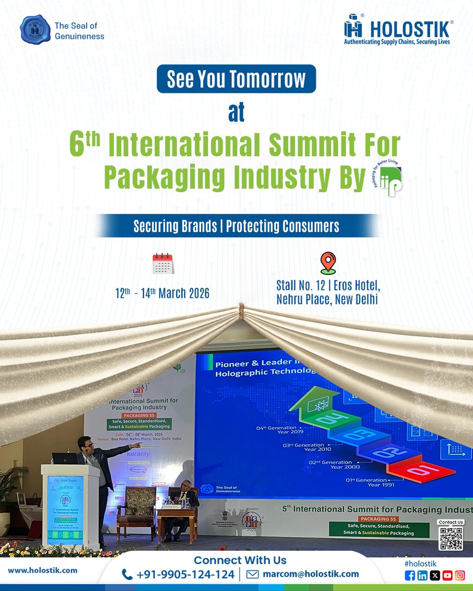 We are excited to be part of the 6𝐭𝐡 𝐈𝐧𝐭𝐞𝐫𝐧𝐚𝐭𝐢𝐨𝐧𝐚𝐥 𝐒𝐮𝐦𝐦𝐢𝐭 𝐟𝐨𝐫 𝐭𝐡𝐞 𝐏𝐚𝐜𝐤𝐚𝐠𝐢𝐧𝐠 𝐈𝐧𝐝𝐮𝐬𝐭𝐫𝐲 by INDIAN INSTITUTE OF PACKAGING - IIP.

• Stall No: 12
• Venue: EROS Hotel, Nehru Place, New Delhi
• Dates: 12th – 14th March 2026