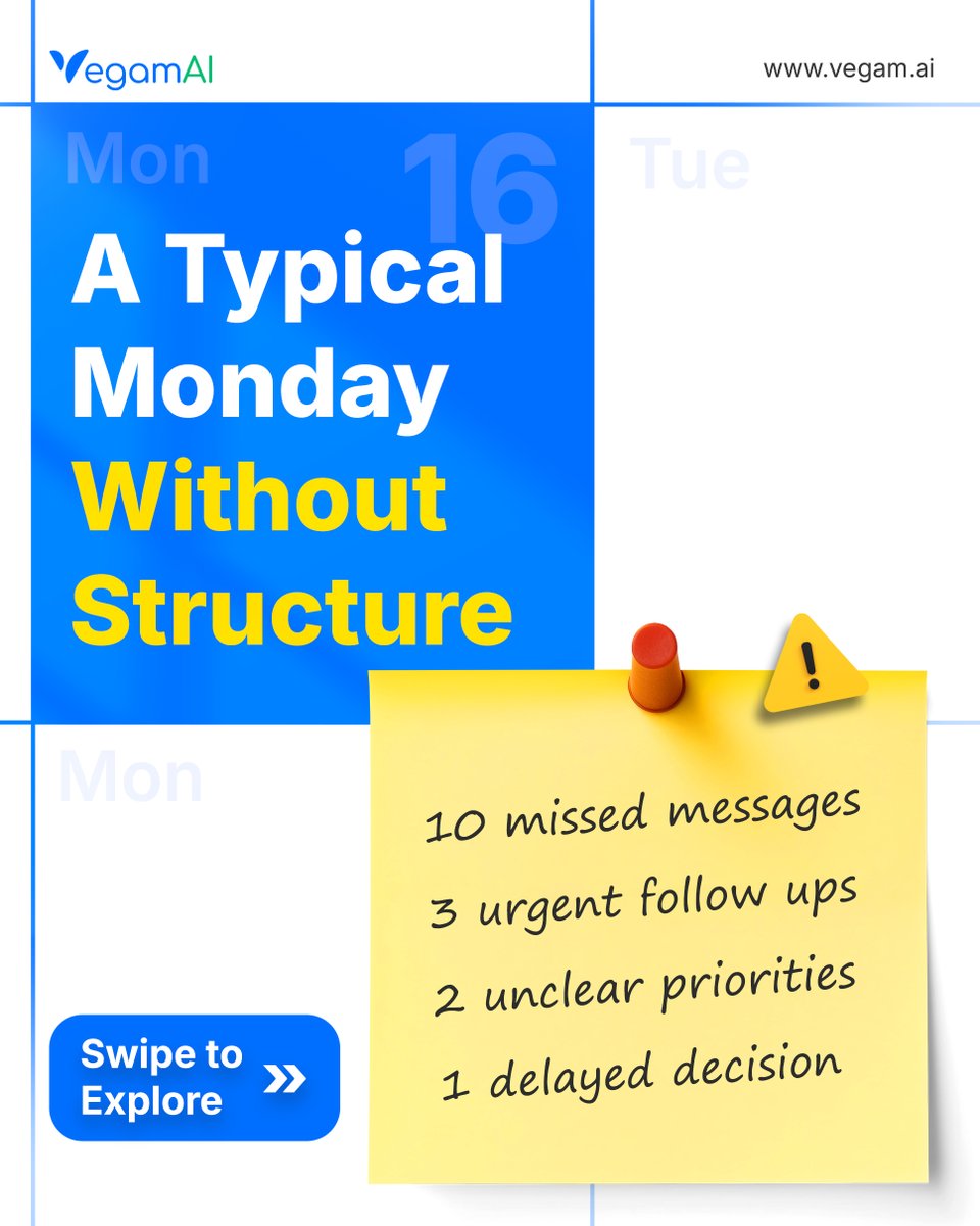 Vegam_AI's tweet image. Workdays don’t fail from workload - they fail from unclear priorities and ownership.

VegamAI turns chaos into structured, predictable execution. 

Start Your Free Trial - zurl.co/yLJrw

#VegamAI #BusinessProcessAutomation #OperationsManagement #WorkflowAutomation