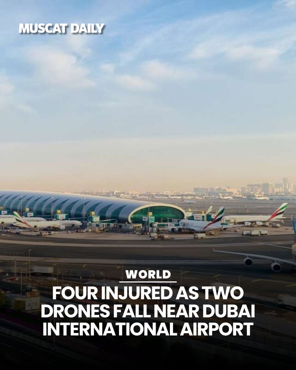 muscat_daily's tweet image. Four people were injured after two drones fell near Dubai International Airport. Authorities confirmed that air traffic remains normal despite the incident and ongoing regional missile threats. 

#DubaiNews #AviationSafety #UAEUpdate
