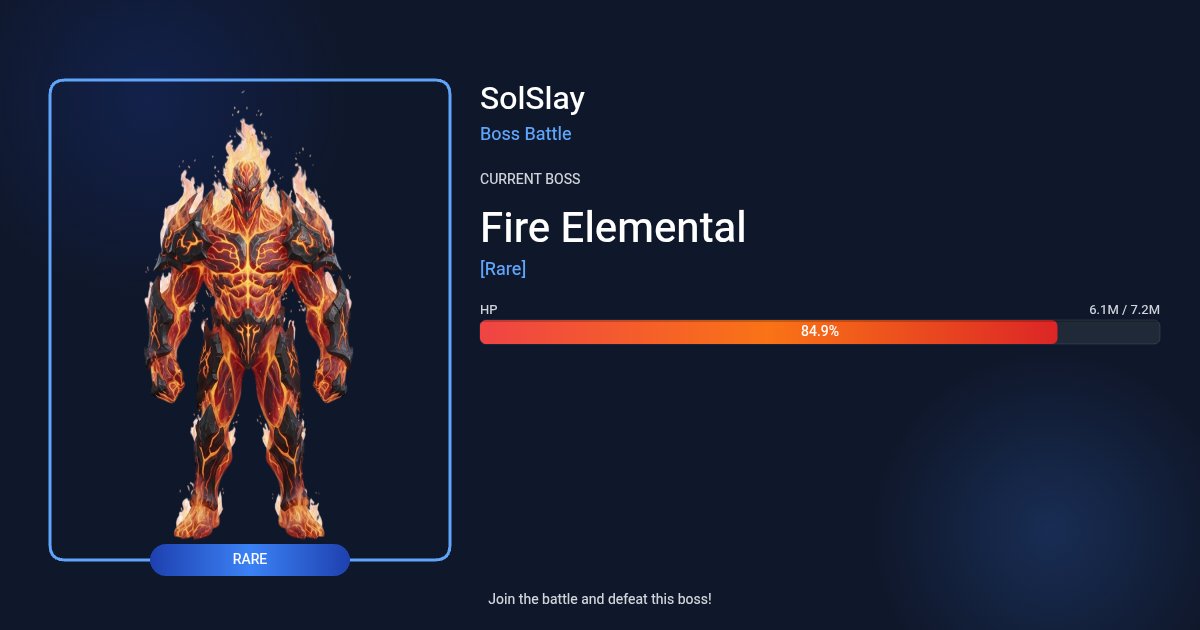 ⚔️ Boss Update: Fire Elemental
🔷 Rarity: [Rare]
❤️ Health Remaining: 84.9%

🌟 Upgrade your Hero Attack Level to deal more damage and take this boss down faster!

🏆 Top ranks earn #SOL &amp; #SLY
🎁 Everyone gets 2x RPG Arena Chests

🏹 RPG Arena Chests contain exclusive in-game