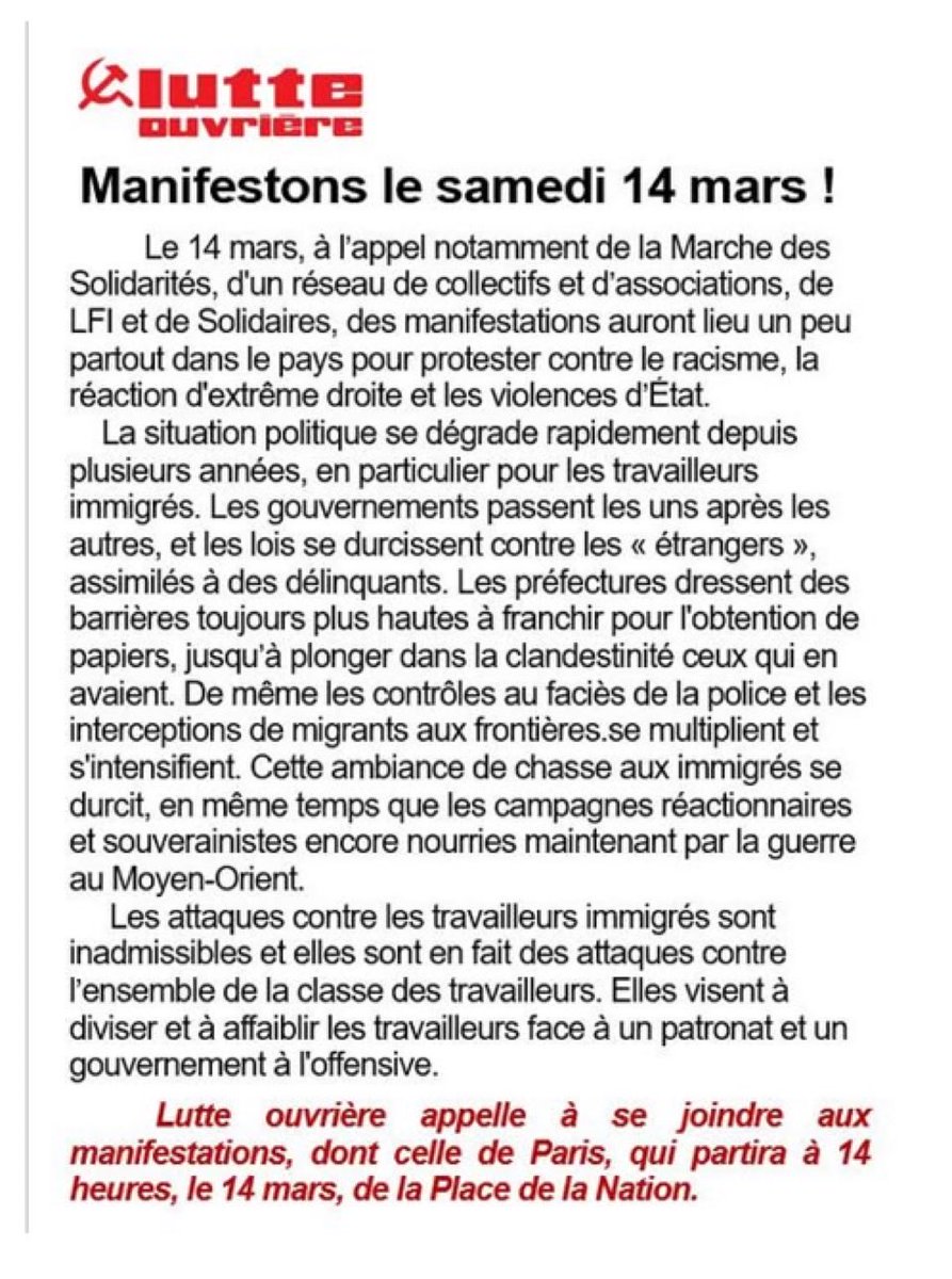 LutteOuvriere's tweet photo. Marche des Solidarités :
manifestons le samedi 14 mars ! https://t.co/d8odIw7b50