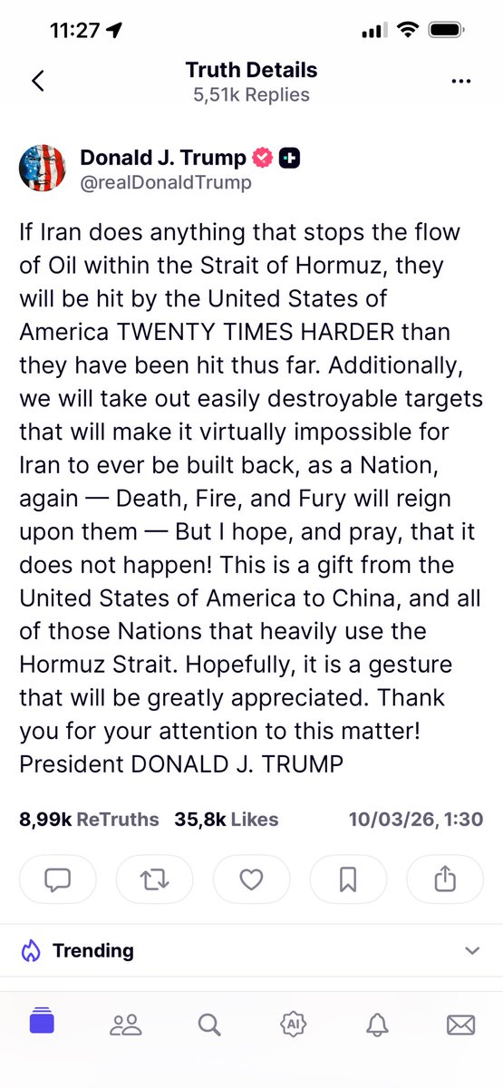 “Nous frapperons l’Iran 20 fois plus fort qu’ils ne l’ont été jusqu’à présent  … ce sera impossible pour l’Iran de se reconstruire comme une nation  … la mort le feu et la furie reigneront”
Donc nous sommes passés du changement de régime à la destruction de la nation. Pas mal