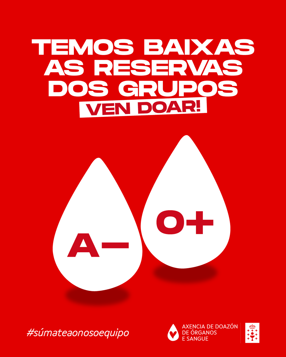doadoressangue's tweet photo. ⚠️ Actualizamos o semáforo!
Temos RESERVAS BAIXAS do grupo A- e 0+
Ven doar sangue!
🩸Grazas

—

⚠️ ¡Actualizamos el semáforo!
Tenemos RESERVAS BAJAS del grupo A- y 0+
¡Ven a donar sangre!
🩸Gracias https://t.co/52GikYk3J8