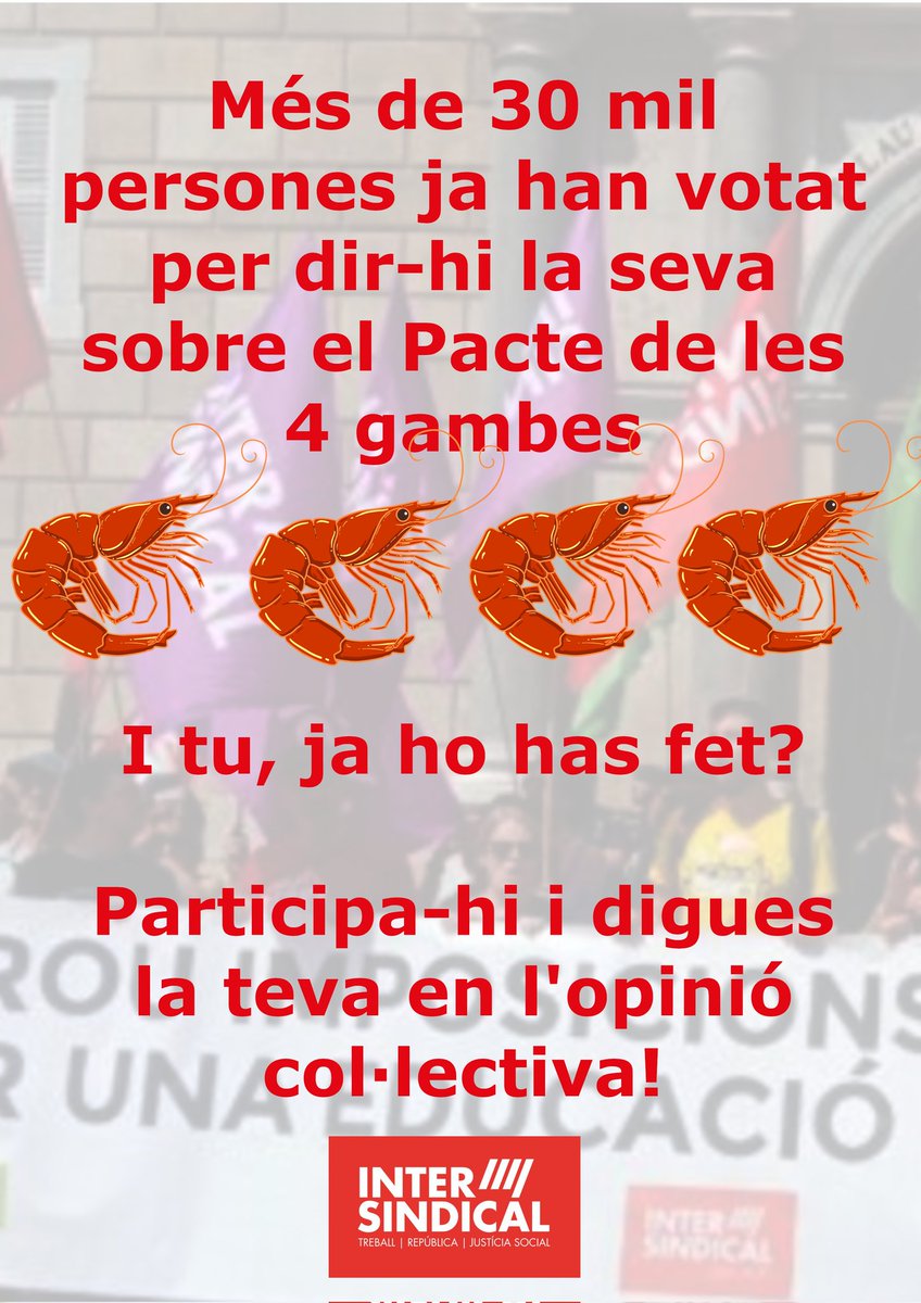 🗣️ I tu, ja has dit la teva sobre el Pacte de les 4 Gambes? 🦐🦐🦐🦐

Digues la teva i convida tothom que no ho hagi fet a participar-hi!

👉 Segueix-nos a les xarxes per estar al corrent de totes les novetats!