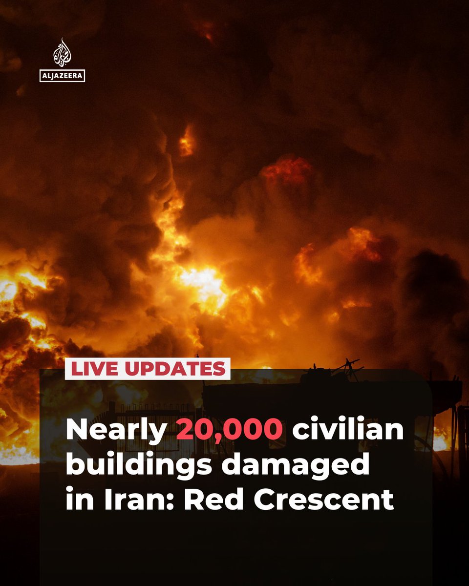 AJEnglish's tweet photo. Almost 20,000 civilian buildings across Iran have suffered damage during the ongoing Israeli-US war, according to the Iranian Red Crescent Society.

🔴 LIVE updates: https://t.co/uFRlT3fxko https://t.co/yJBzgjcXQX