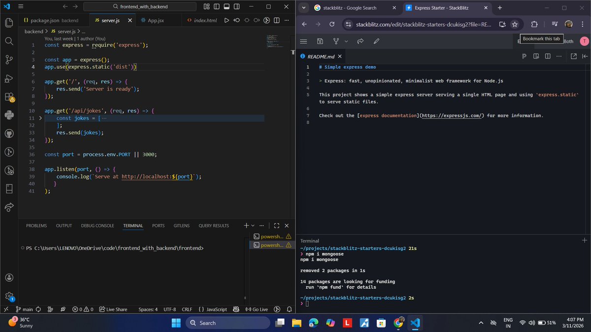 Building backend with help of Stackblitz :
Installing mongoose in express

#NodeJS #ExpressJS #WebDev #FullStack