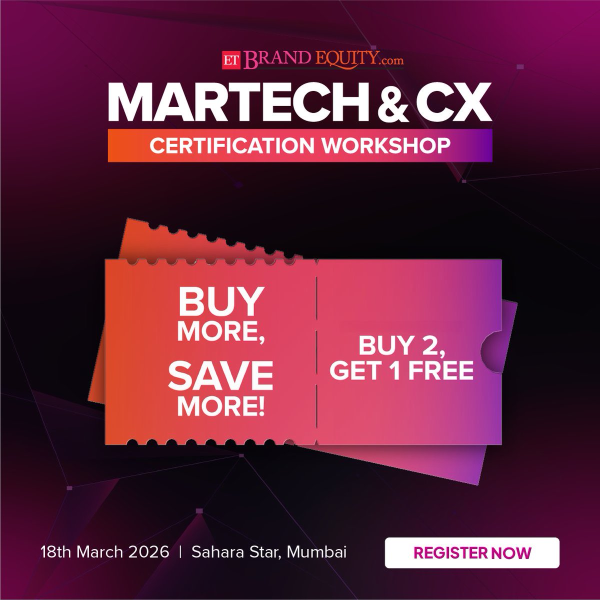 ETBrandEquity's tweet image. Master the evolving world of Marketing Technology and Customer Experience at the MarTech &amp;amp; CX Certification Workshop.

📍 18th March 2026 | Sahara Star, Mumbai

Register Now - …ndequity.economictimes.indiatimes.com/certification-…

#ETBrandEquity #MarTech #CustomerExperience #CX #MarketingTechnology
