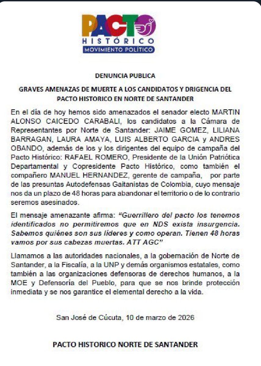 Desde Santa Marta expresamos nuestra firme solidaridad con los candidatos, dirigentes y militantes del Pacto Histórico en Norte de Santander que han sido objeto de graves amenazas contra sus vidas.
#GarantíasParaLaDemocracia  
#PactoHistórico