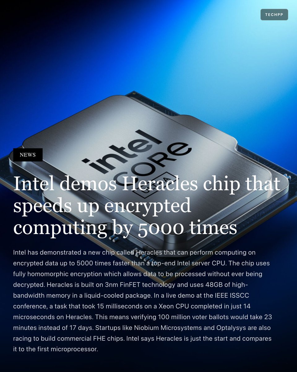 techpp's tweet image. Intel demos Heracles chip that speeds up encrypted computing by 5000 times

#Intel #Heracles #Encryption #FHE #Chips