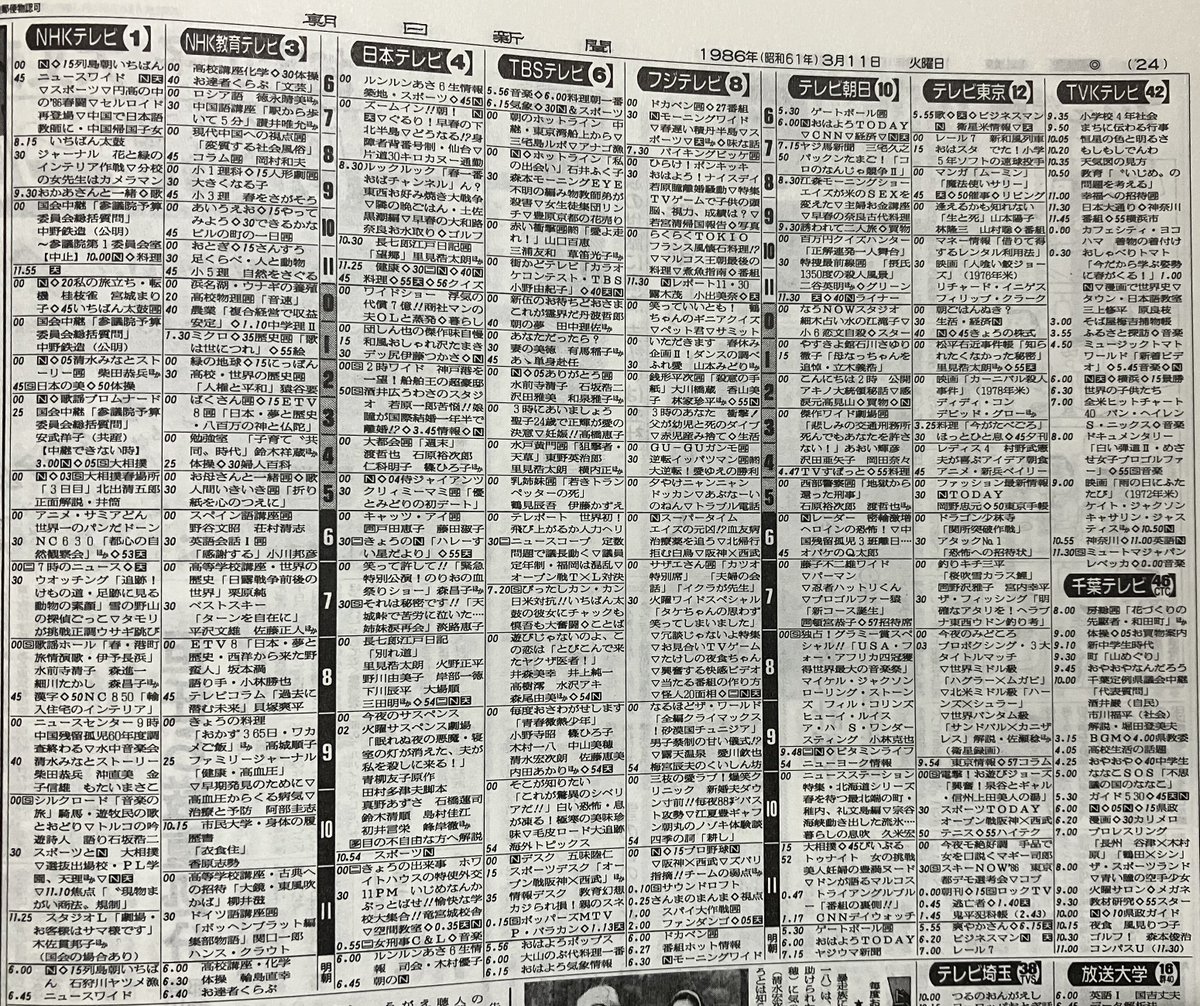 40年前(1986年=昭和61年)3月11日(火)のテレビ番組表