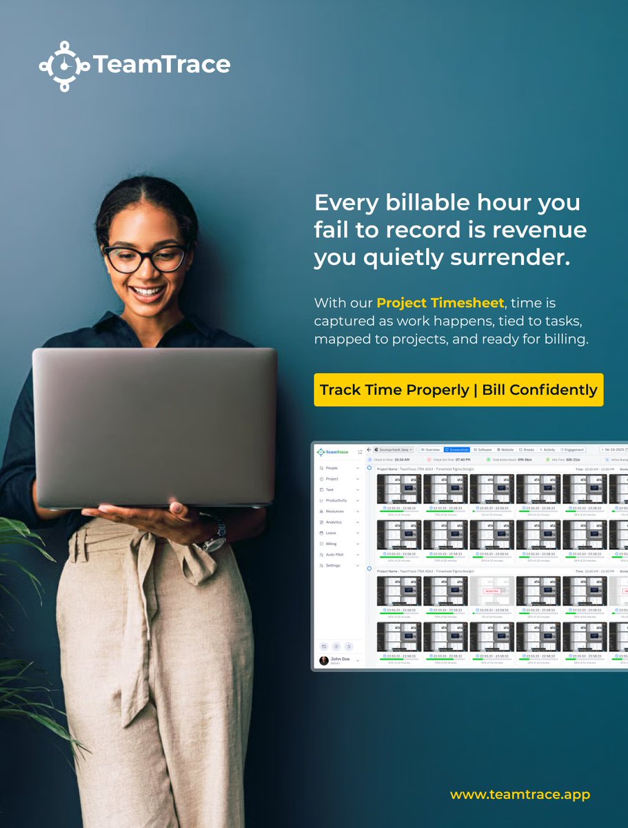 TeamtraceApp's tweet photo. Profitability is not lost in strategy. It is lost in untracked hours.

When project time is vague, billing becomes complicated and when billing becomes complicated, margins quietly erode.
#ProjectManagement
#TimeTracking
#AccurateBilling https://t.co/7zyusN8QCi