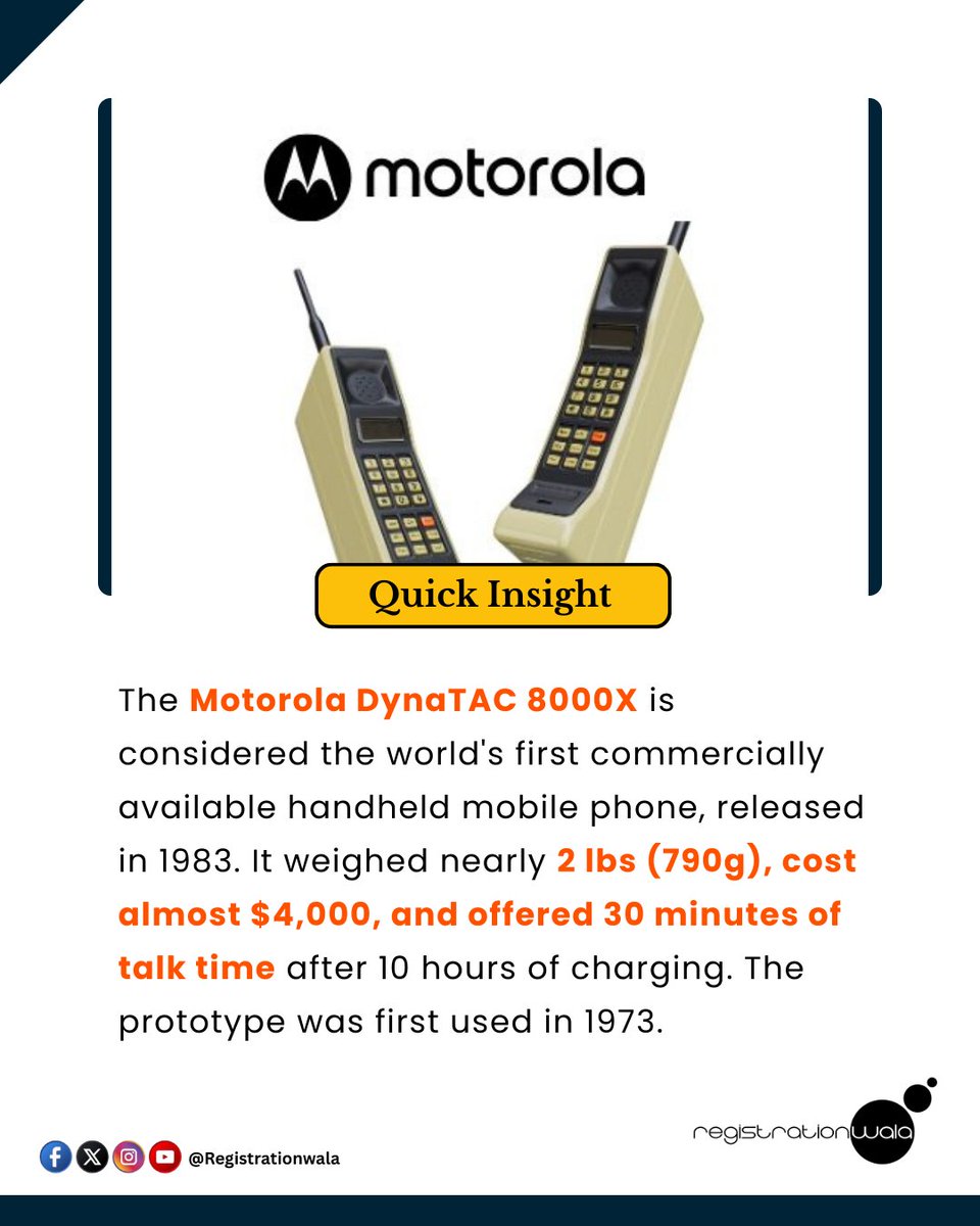 Registratinwala's tweet photo. #QuickInsight 💡⚡ In 1973, the first handheld mobile call was made using a Motorola DynaTAC prototype.
By 1983, the DynaTAC 8000X launched—$4,000 price, 2 lbs weight, and just 30 minutes of talk time. 

#TechHistory #MobileRevolution #Innovation #TechnologyEvolution https://t.co/EnT1SQtIsq