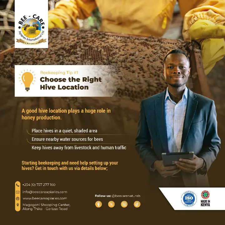 beecarenatural's tweet image. A strategic hive location is critical for successful beekeeping and high honey production. 

👉 You need help? Contact us to get started with Beekeeping: 0757 277160 

🔗 Learn More: beecareapiaries.com 

#BeecareApiaries #Beekeeping #BeekeepingTools #BeeHives #Langstroth