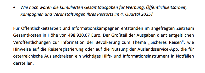Erklärt auch einiges, warum die mit ukrainischem Orden (II. Klasse) geehrte und ziemlich verhaltensoriginelle Außenministerin <a href="/BMeinl/">Beate Meinl-Reisinger</a> von manchen Medien so zart behandelt wird:
Sie gab in nur 3 Monaten 498.920,07 Euro für Werbung aus. Im Schnitt täglich 5.500 Euro.
<a href="/neos_eu/">NEOS - Die Reformkraft</a>