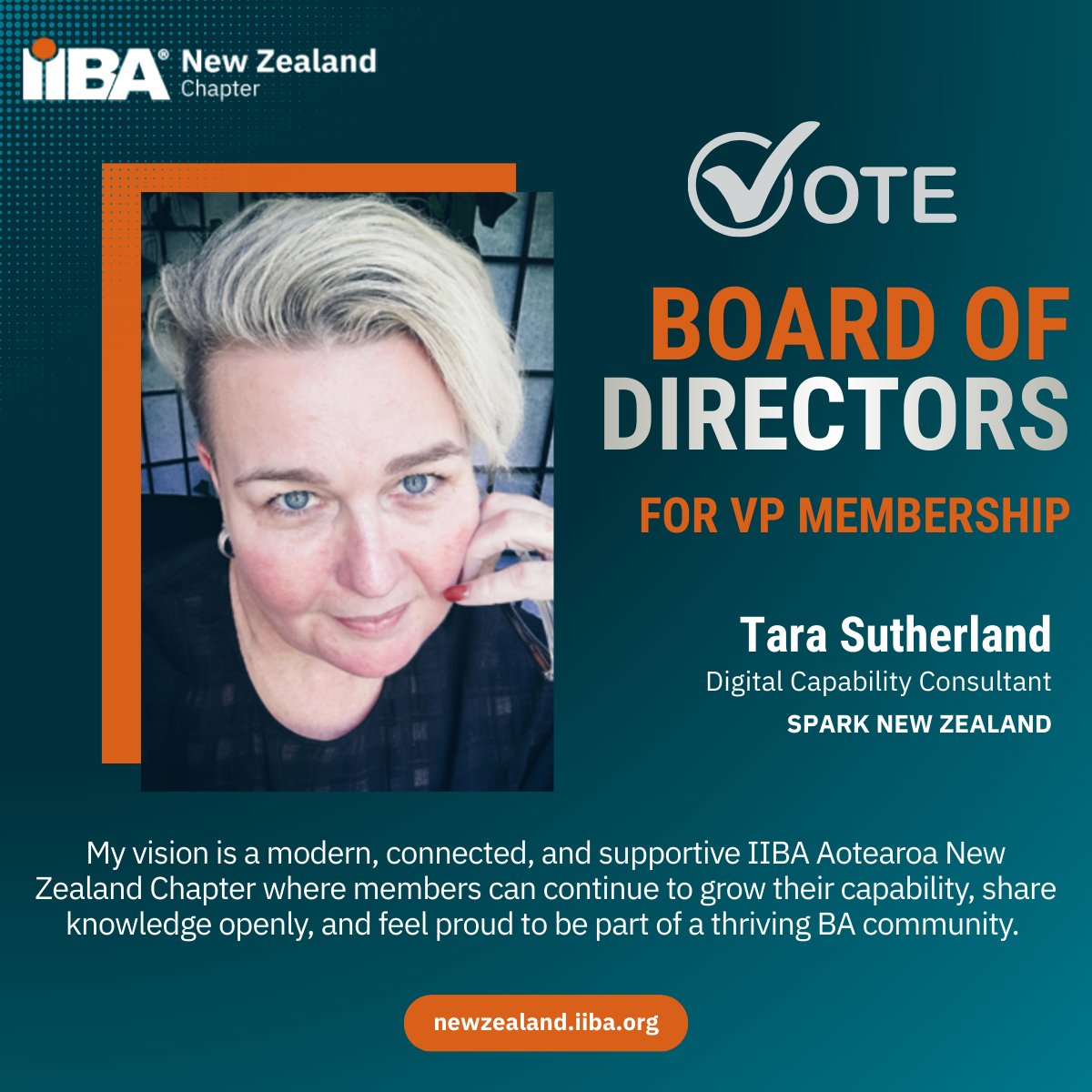 Kia ora IIBA NZ Chapter members, your vote matters!
Voting for the VP Membership (2026–2028) role closes on 15 March at 5:00 PM.
Please check your email for voting details and have your IIBA Membership ID ready.
Didn’t get the voting email? 
Contact marketing@newzealand.iiba.org