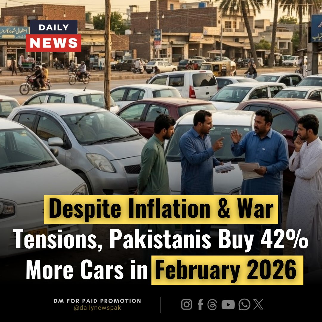 _dailynewspak's tweet image. Pakistan's auto sector is booming! Car sales surged 41.7% in February 2026 to 17,121 units. Toyota leads the market while motorcycles continue dominating with 159,512 units sold. 🚗📈 #PakistanAuto #CarSales #PAMA #DailyNewsPakistan
